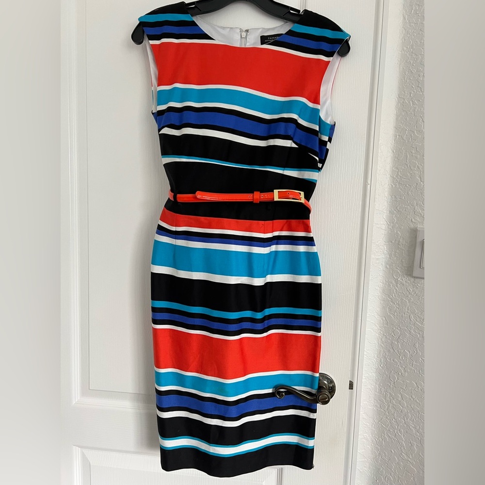 Tahari ASL Red and Blue Sleeveless Sheath Dress